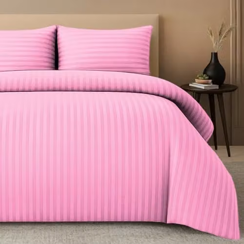 Pamposh Pink Satin Stripe Single Duvet Cover and Pillowcase Set, 2 Pack, Microfibre Bedding, W/D/H: 135 x 200 cm and 50 x 75 cm