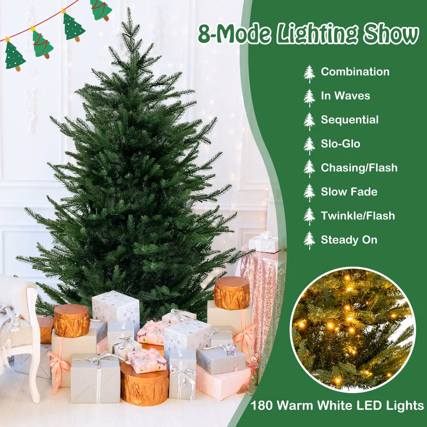 Gymax 136 cm Green Artificial Christmas Tree with 180 Warm White LED Lights – 6