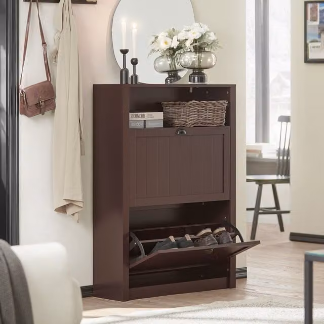 SoBuy Modern Brown Freestanding Shoe Cabinet with Tilting Compartments and Internal Shelves
