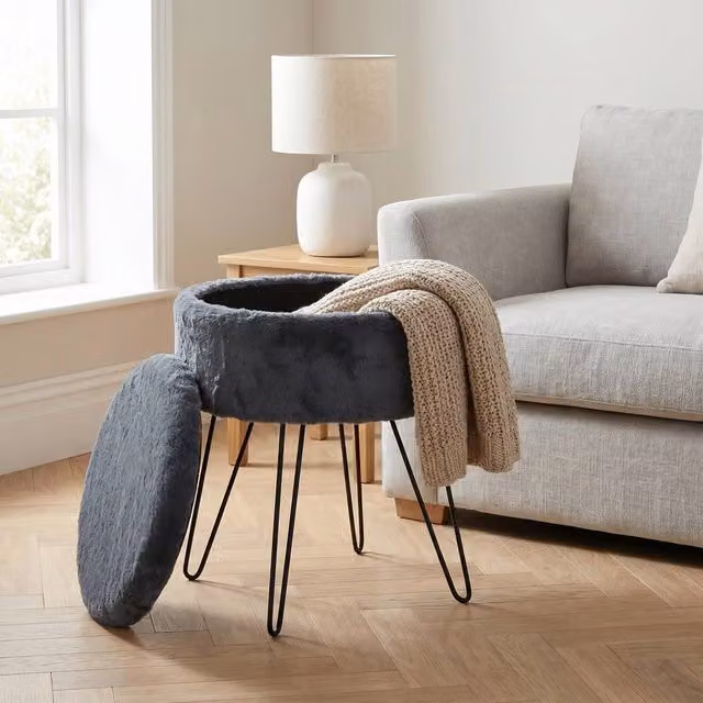 GAVENO CAVAILIA Ikat Faux Fur Storage Hairpin Stool in Charcoal Grey