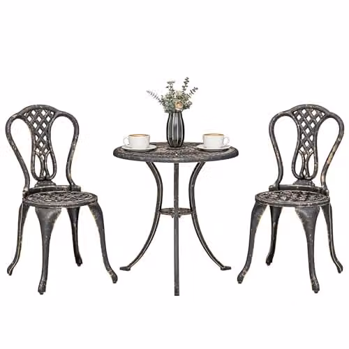 Outsunny 3 Piece Cast Aluminium Bistro Set in Bronze and Brown for Garden, Balcony or Terrace – 1