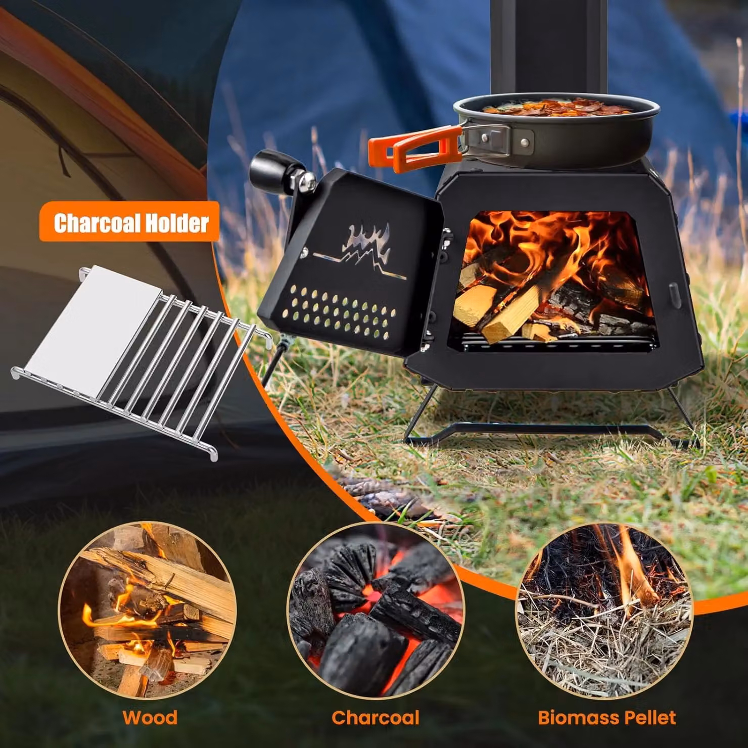 Gymax Portable Wood Burning Camping Stove Heater with 2 Cooking Positions, Black, W/D/H: 37.0 x 28.0 x 20.0 cm – 4