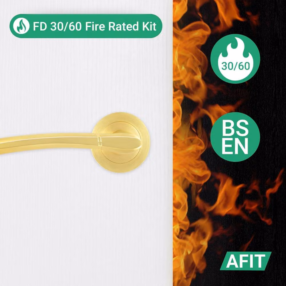 AFIT Boston Gold Satin Brass Fire Door Handle, Rosette, Sashlock and Hinge Set – 2