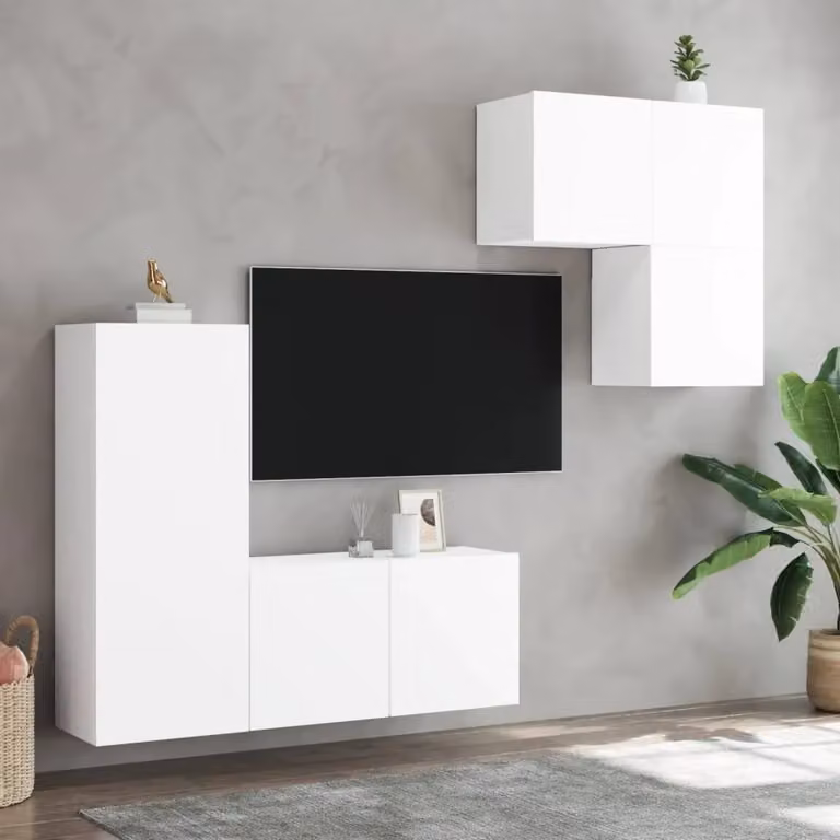 Berkfield Home 4 Piece Modern White Matt Wall Mounted TV Unit Set with Hinged Doors and Internal Shelves