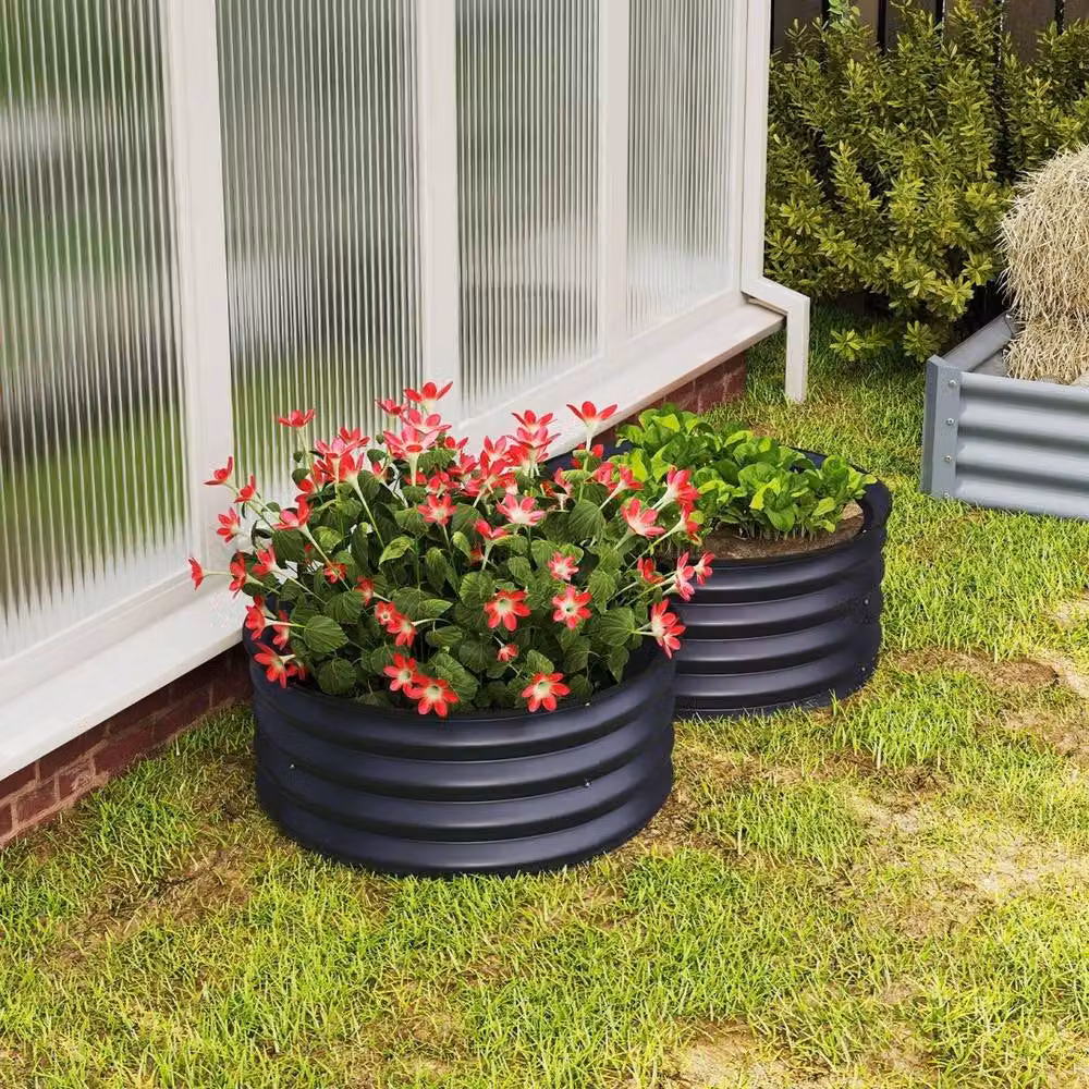 VOGREX Set of 2 Black Galvanised Steel Raised Garden Bed Metal Planter Boxes with Safety Edging – 3