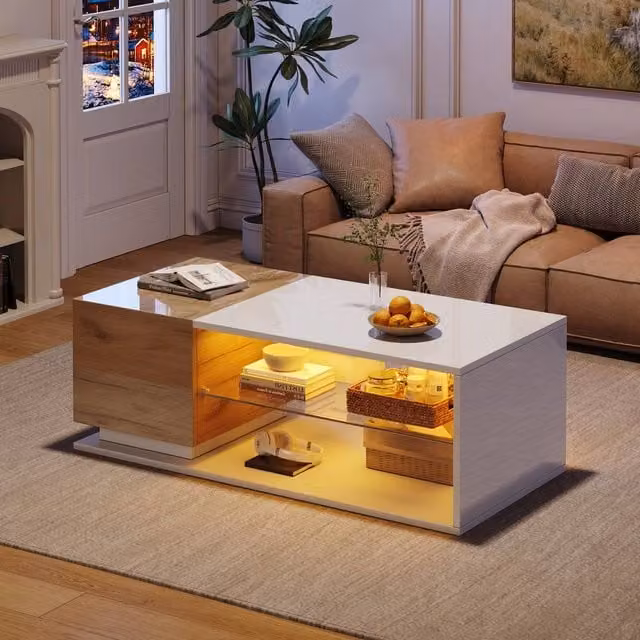 STILVORA Modern Coffee Table with LED Lighting and Glass Shelf in White and Natural Wood – 1