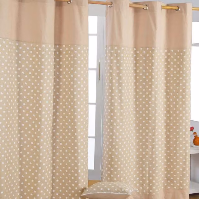 Homescapes Cotton Stars Eyelet Curtain Pair in Beige and Brown, Width: 117 cm, Height: 228 cm