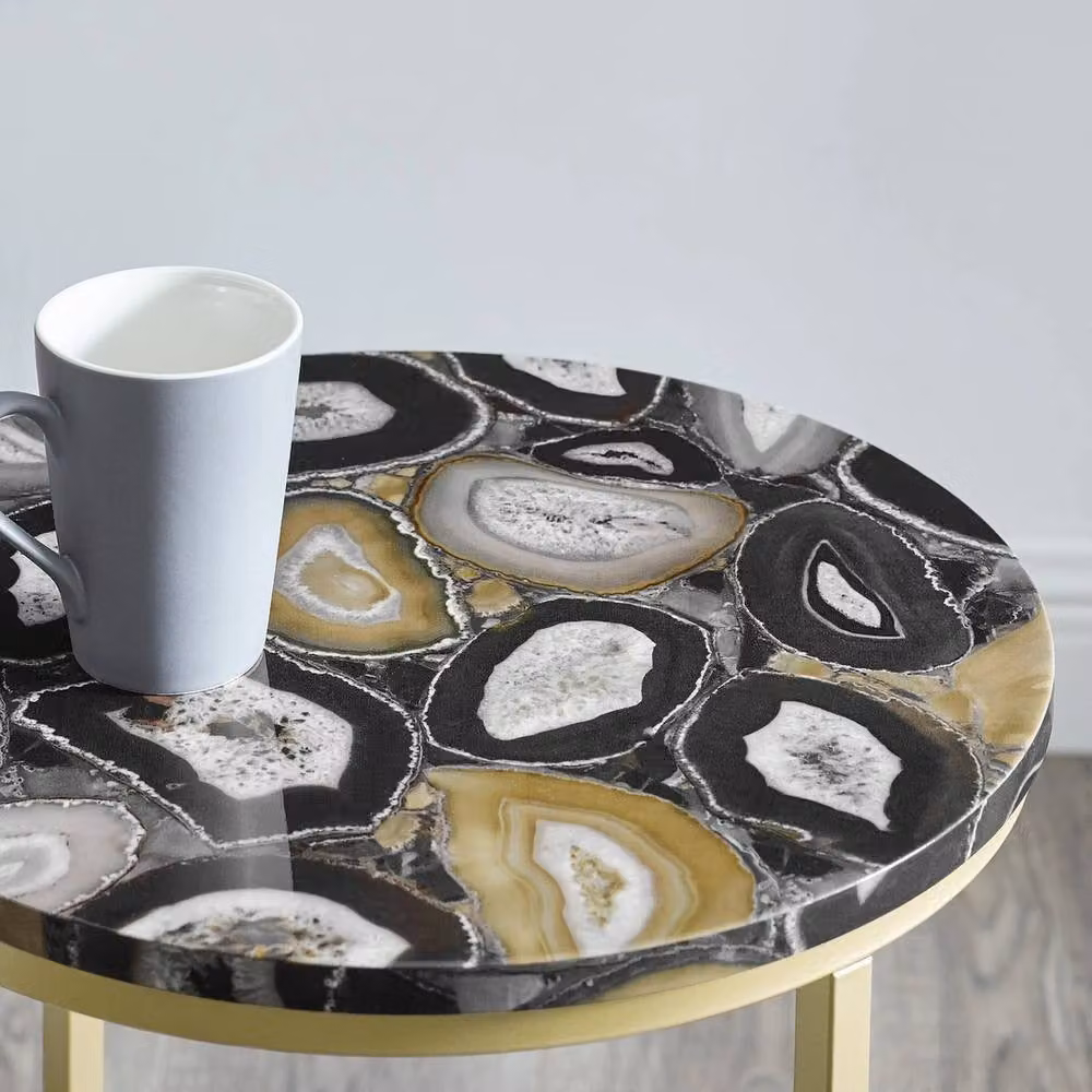 VOGREX Set of 2 Round Faux Stone Glam Side Tables in Black and Gold, Diameter: 40.64 cm – 3
