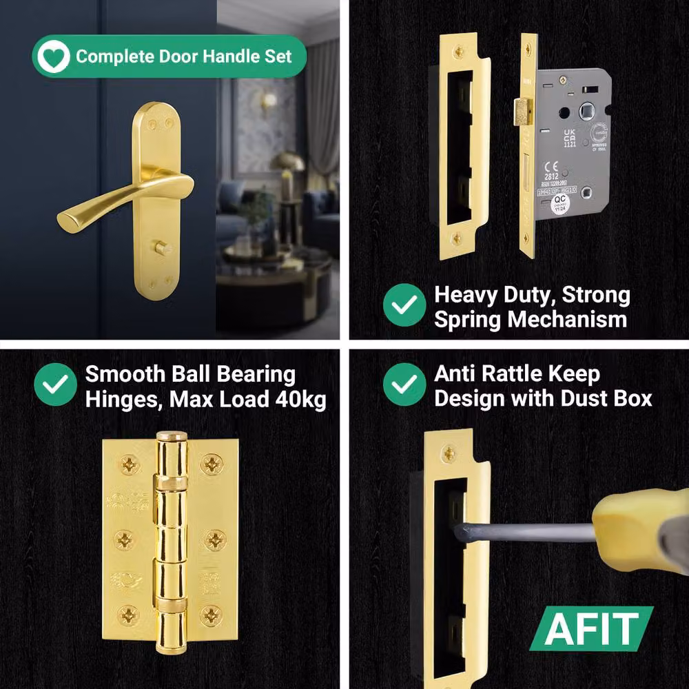 AFIT Polished Brass Twist Bathroom Handle and WC Lock Hinges Set in Gold, 1 Pair – 2