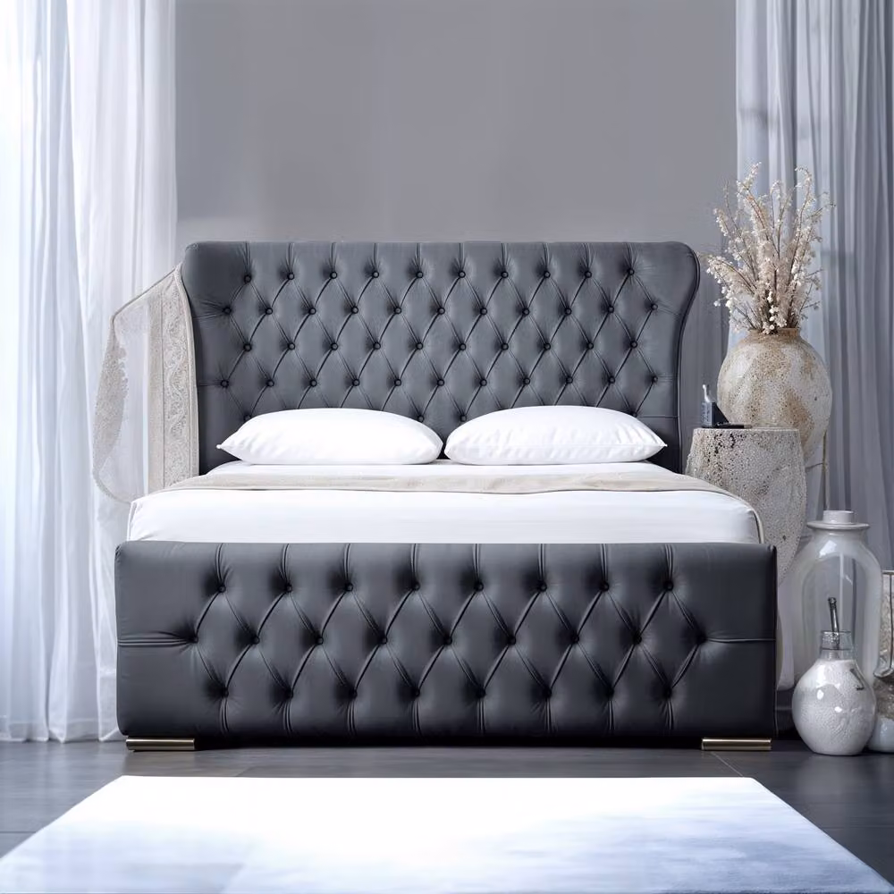 UK Bed Furniture Isabella Upholstered Slatted Base Bed with Wingback Headboard in Anthracite, W/D/H: 140 x 200 cm – 2