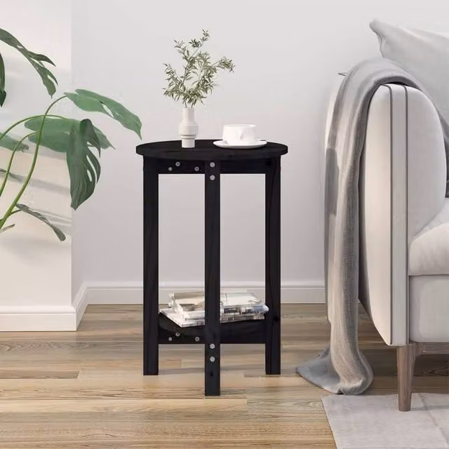 Berkfield Home Beautiful Round Solid Wood Pine Coffee Table, Black, W/D/H: 40 x 40 x 60 cm – 1
