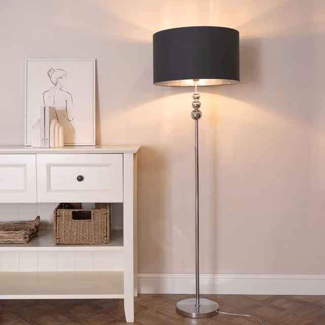 Marissa Modern Chrome Floor Lamp with Black Metallic Sphere Shade and Bulb