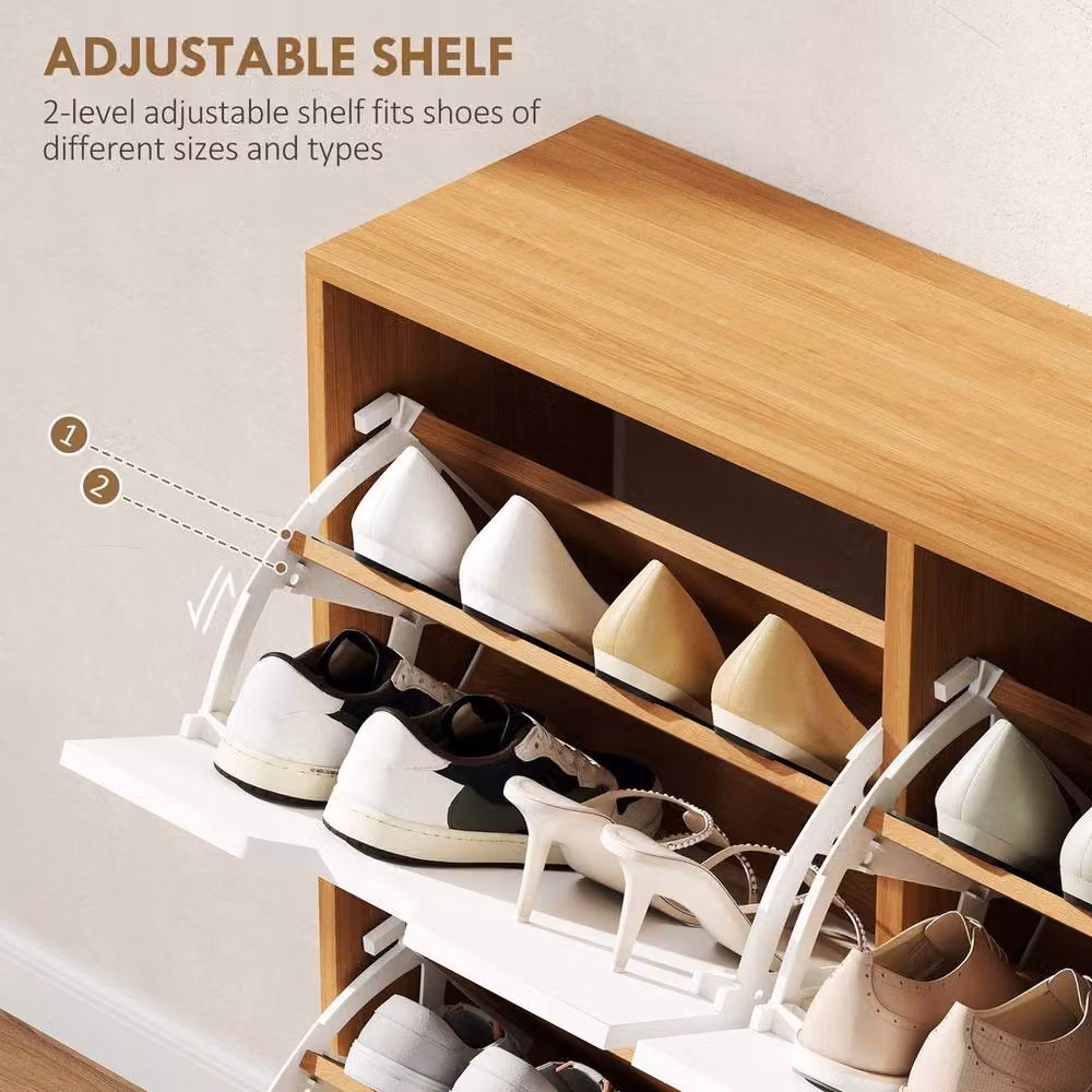 KORVIXA Natural and White Scandinavian Wood Shoe Storage Cabinet with 4 Tilting Compartments, Width: 100 cm – 4
