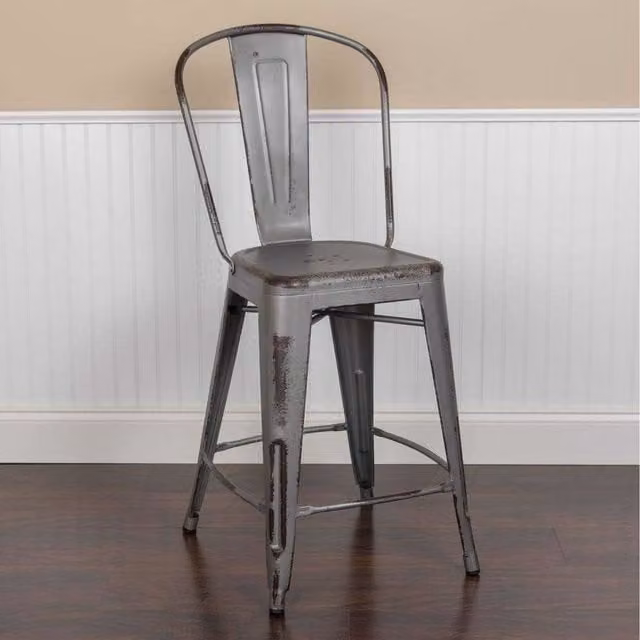 FWStyle 24 Inch Distressed Metal Indoor and Outdoor Counter High Stools in Silver Grey