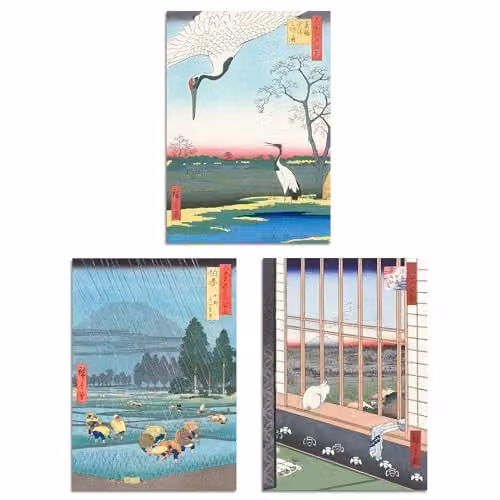 Artery8 Set of 3 Hiroshige Ricefields Japanese Wall Art Prints in Green and Blue, A3 Size – 1