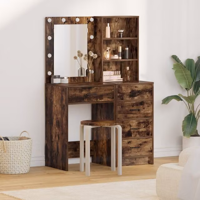 Berkfield Home 2 Piece Modern Dressing Table Set with LED, Brown Smoked Oak Engineered Wood, W/D/H: 135 x 40.7 x 40 cm