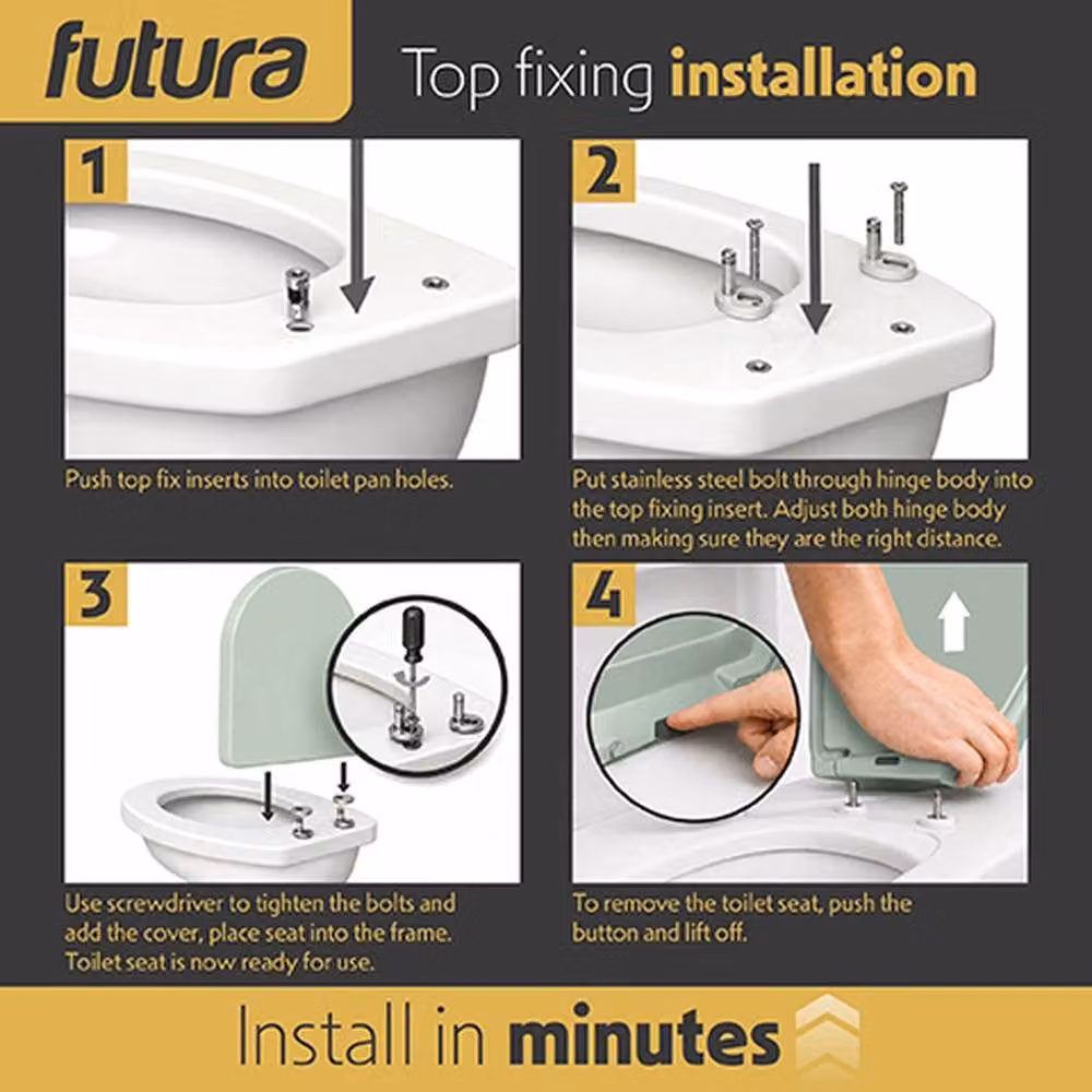 Futura D-Shaped Soft Close Toilet Seat in Pale Green, Premium Thermoplastic with Quick Release and Removable Features, 50 cm – 4