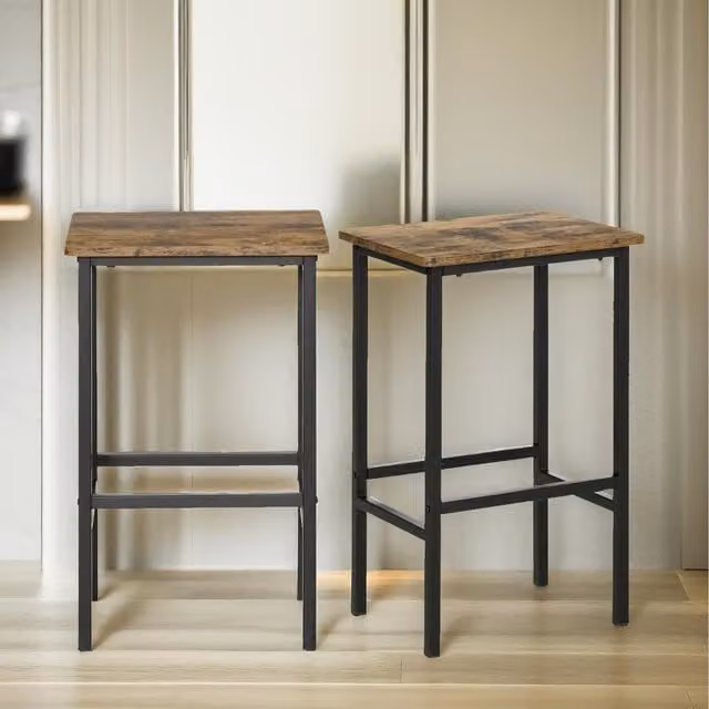 Furnold Set of 2 Industrial Counter Height Barstools in Brown Rustic Wood and Metal