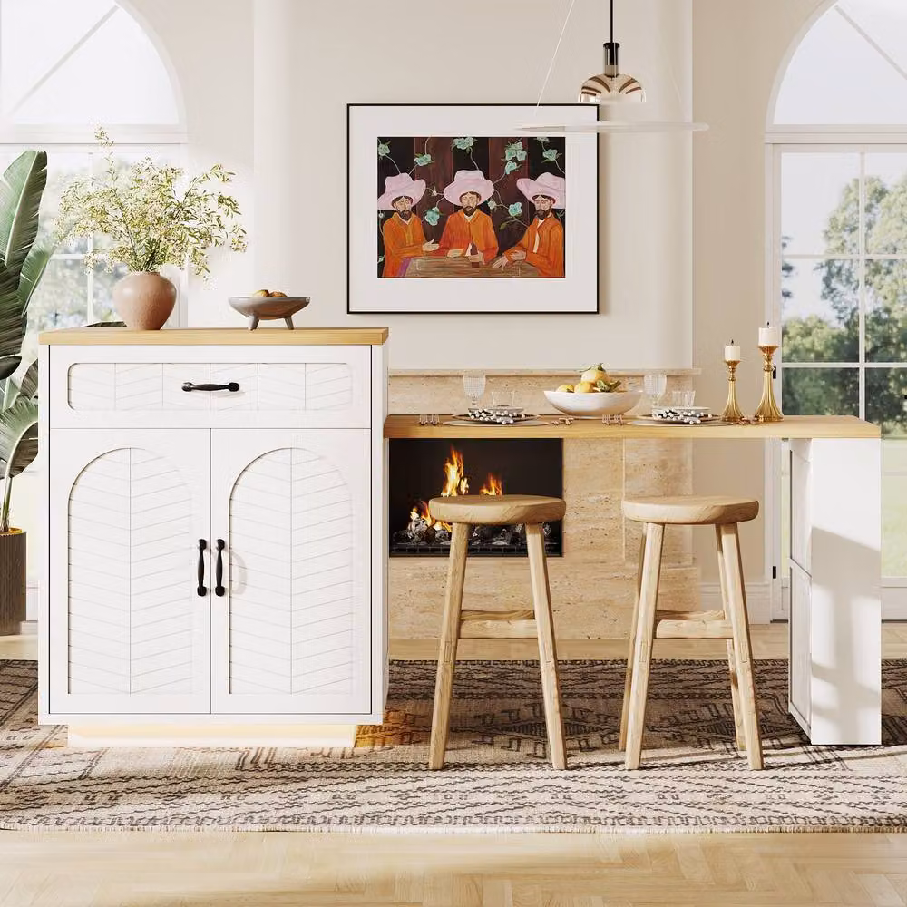Rolipo Extendable Kitchen Island with Dining Table and LED Storage Cabinet in White – 2