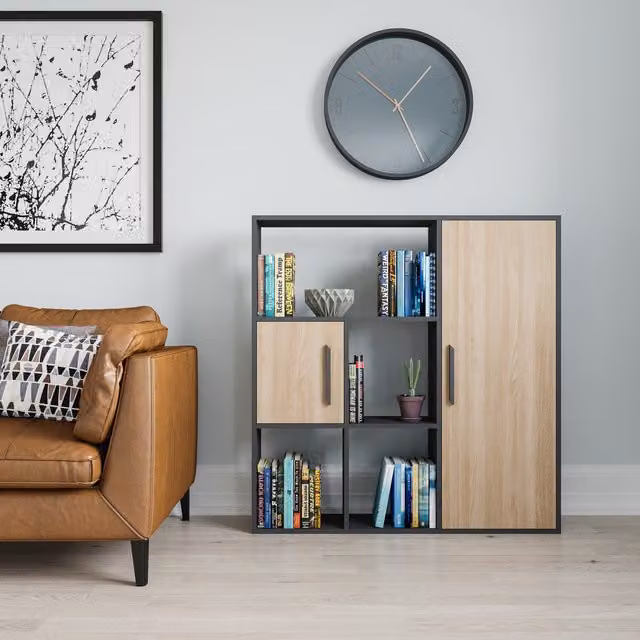 Decorotika Ridge Modern Bookcase with Cabinets in Anthracite and Petrol