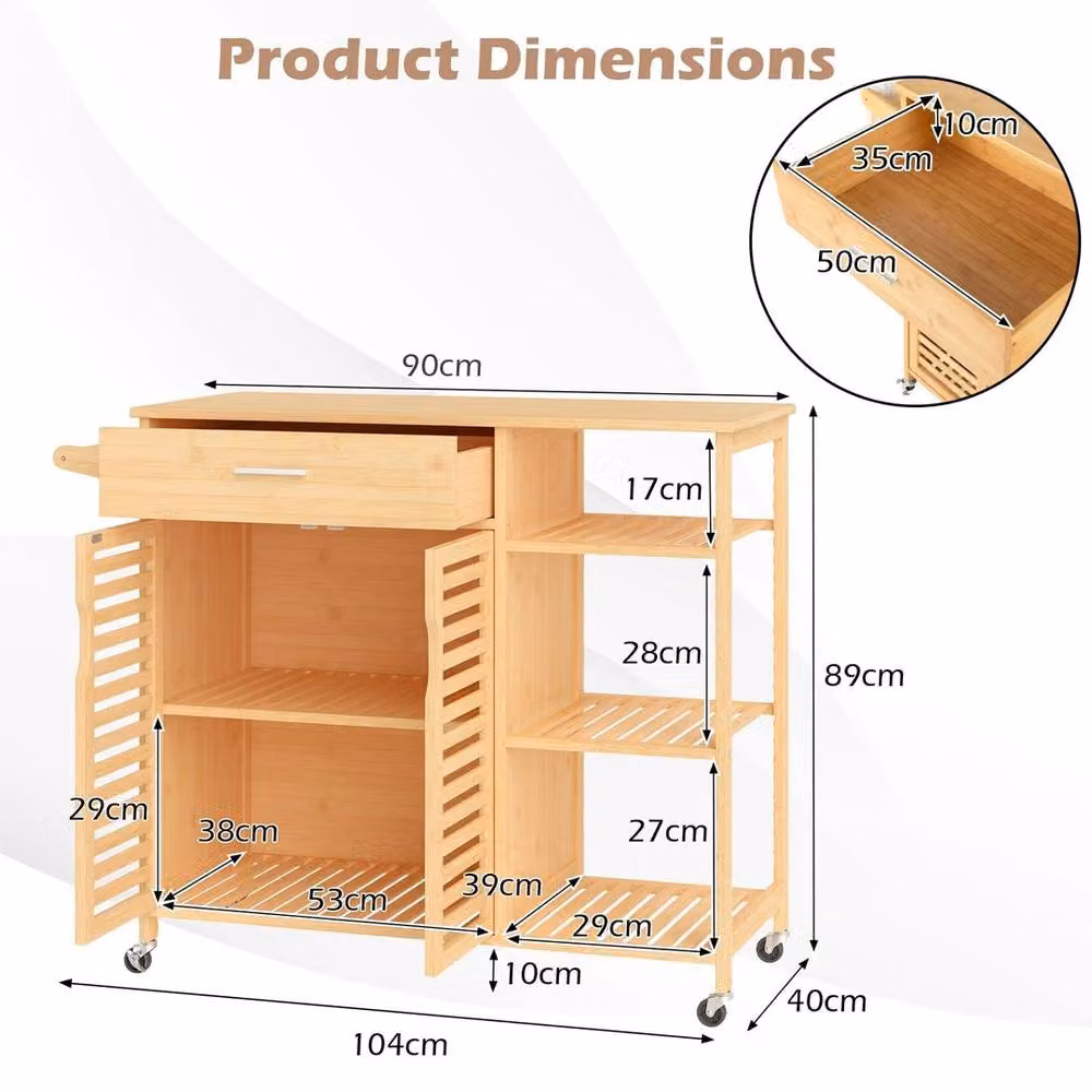 VOGREX Bamboo Rolling Sideboard, 2-Door Wood Storage Cabinet with Castors in Brown and Beige – 2