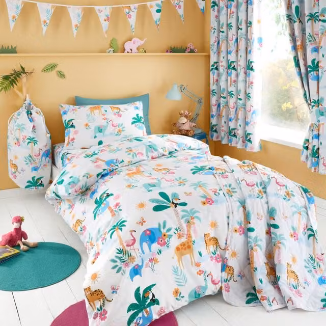 Happy Linen Company Sunset Safari Kids Reversible Duvet Cover and Pillowcase Set, White, W/D/H: 140 x 200 cm and 90 x 200 cm