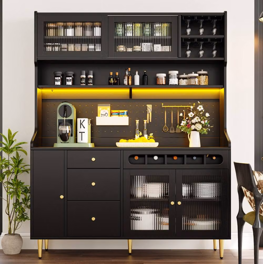 STILVORA Modern Tall Cabinet with Integrated LED Lighting and Black Sliding Glass Doors – 3