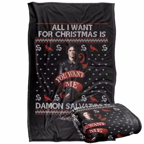 LOGOVISION The Vampire Diaries All I Want For Christmas Is Damon Salvatore Super Soft Silky Touch Fleece Throw Blanket, W/D/H: 91 x 147 cm