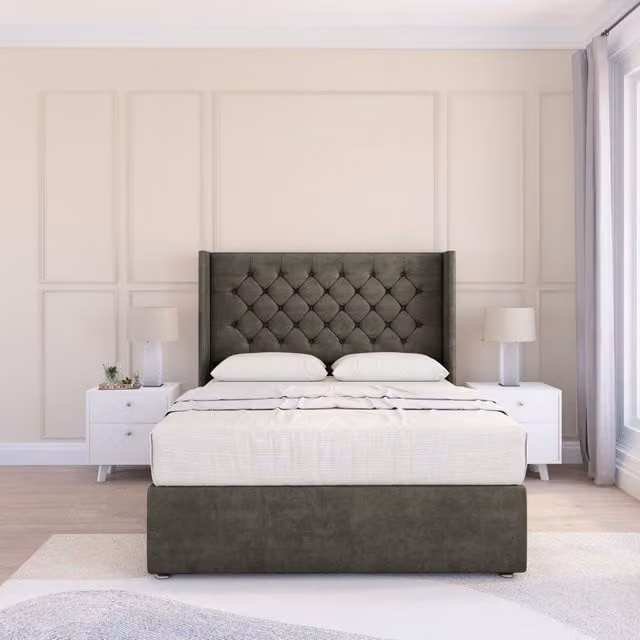 Sloomy Dior Dumfries Wingback Bed Set in Dark Grey Velvet, King Size, W/D/H: 180 x 200 cm