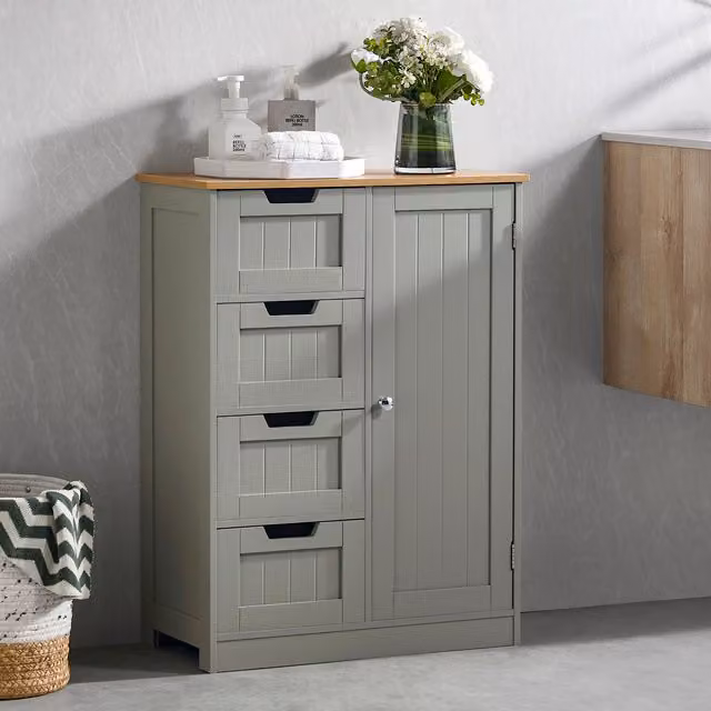 Bath Vida Freestanding Wooden Storage Cabinet with 4 Drawers and 1 Door in Grey and Oak, W/D/H: 60 x 30 x 81 cm