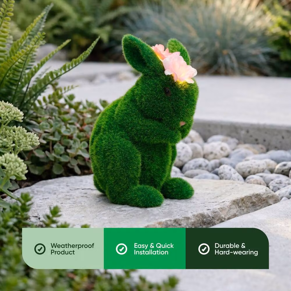 Gardenwize Solar Topiary Bunny Garden Ornament with Pink Flowers in Green – 2
