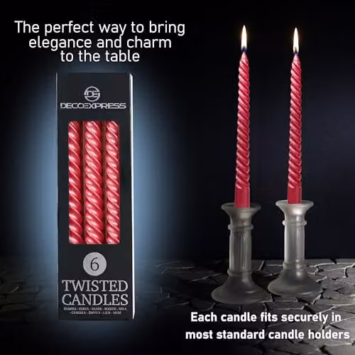 Deco Express Non-Scented Twisted Non-Drip Dinner Candles, Metallic Red, Pack of 6 – 3