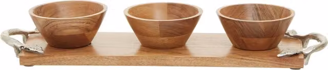 Orsina Vine Round Acacia Wood Serving Bowl Set with Handles in Brown and Sand