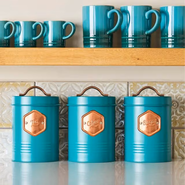 Cooks Professional 3-Piece Tea, Coffee and Sugar Storage Set in Petrol Teal with Stainless Steel Metal Finish