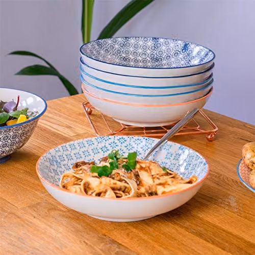 Nicola Spring Multicolour Floral Patterned Porcelain Pasta Bowls, Pack of 6, Diameter: 22 cm – 2