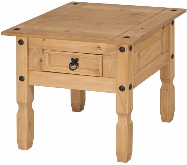 Mercers Furniture Corona Solid Wood Pine 1 Drawer Lamp Table in Brown Antique Wax Finish