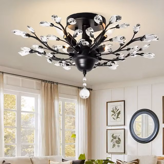 Garwarm 4-Light Vintage Black and Transparent K9 Crystal Ceiling Chandelier
