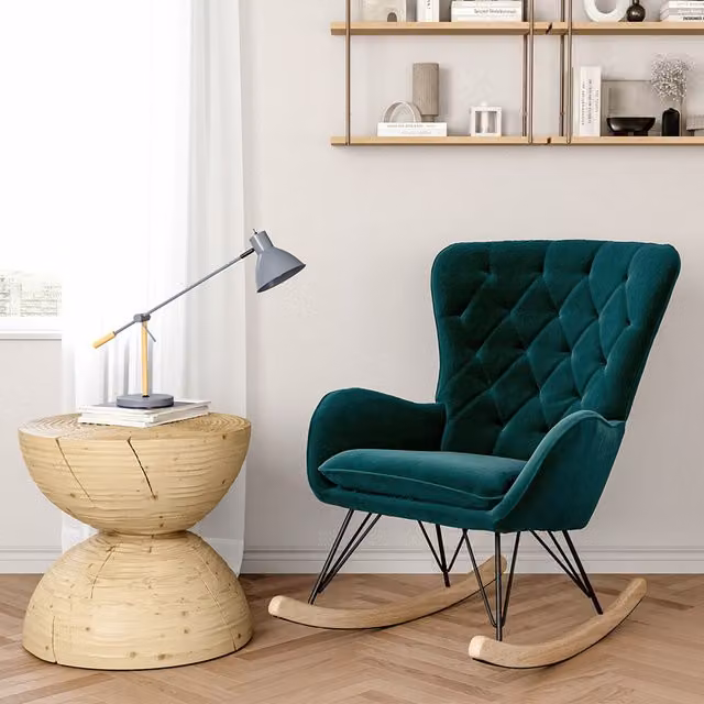Livingandhome Mid-Century Velvet Upholstered Rocking Armchair with Armrests in Green