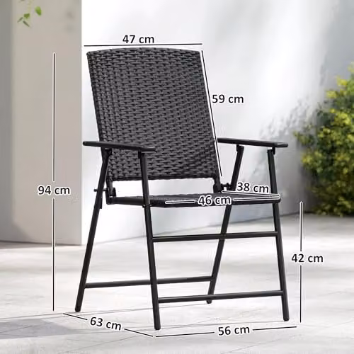 Outsunny Set of 2 Black PE Rattan Folding Garden Chairs with Armrests – 3