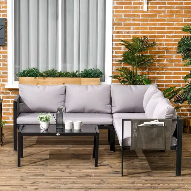 Outsunny 4 Piece Garden Furniture Set with Metal Sofa, Tempered Glass Coffee Table and Padded Cushions in Light Grey – 1