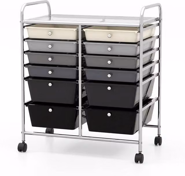VOGREX 12-Drawer Lightweight Rolling Office Storage Cart in Multicolour