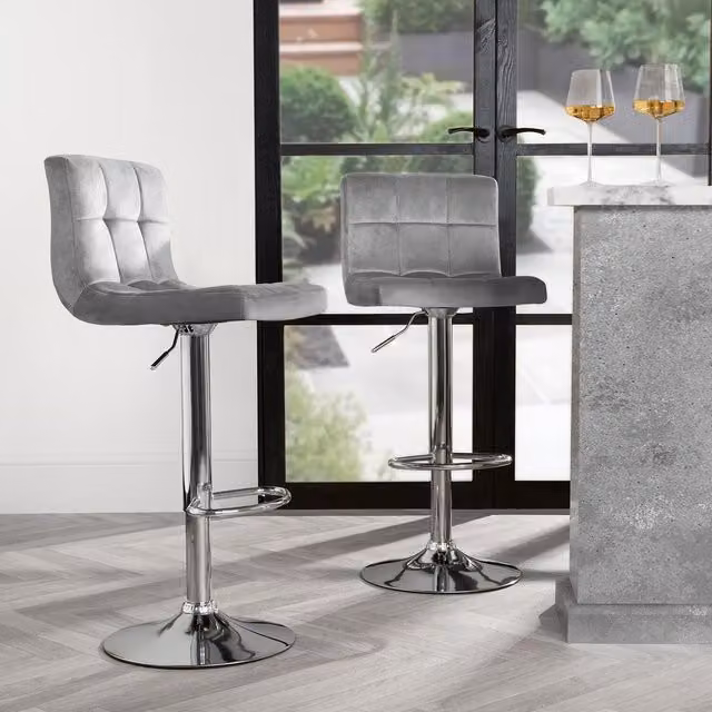 OHS Grey Velvet Height Adjustable Swivel Counter Bar Stool with Metal Base