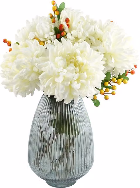 Artificial Chrysanthemums with Leaf in Grey, Orange and White with Striped Glass Vase, H 30.0 cm x W 20.0 cm x D 20.0 cm