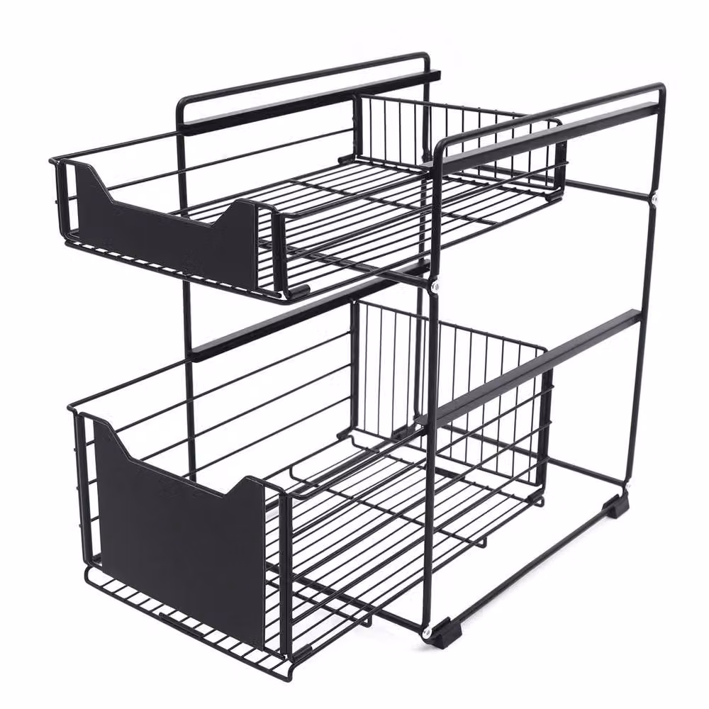 VOGREX Black Metal Under Sink Storage Rack for Kitchen and Bathroom Cabinet Organisation – 3