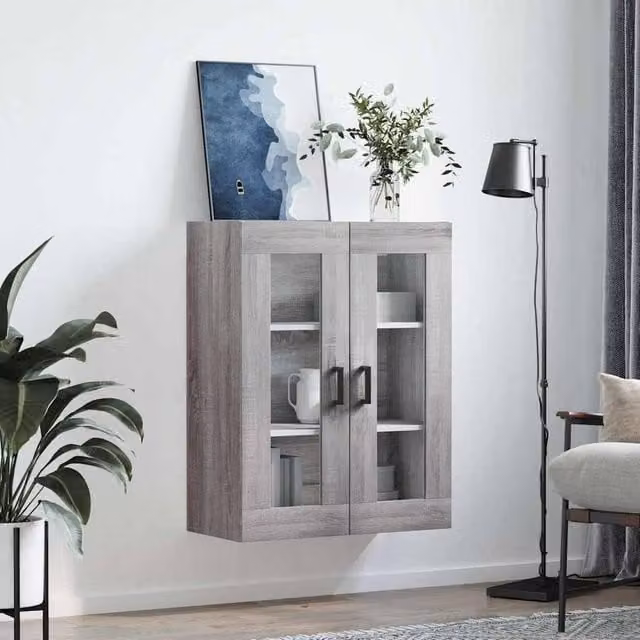 Berkfield Home Wall Mounted Cabinet in Grey with Glass Doors, W: 69.5 cm, D: 34 cm, H: 90 cm – 1