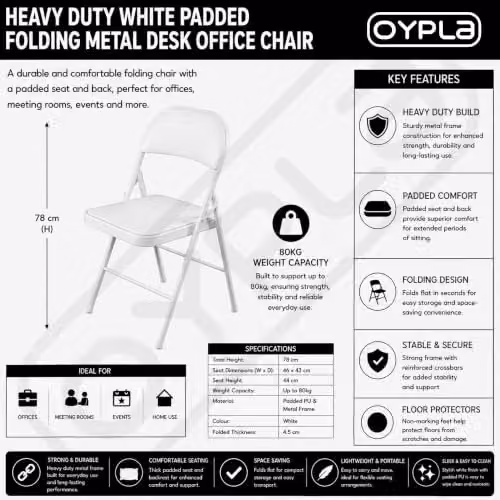 Oypla White Padded Folding Metal Office Chair with Synthetic Leather Seat – 2