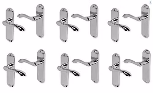 Golden Grace Long Backplate Set Lever Latch Door Handles in Polished Chrome, 6 Pairs