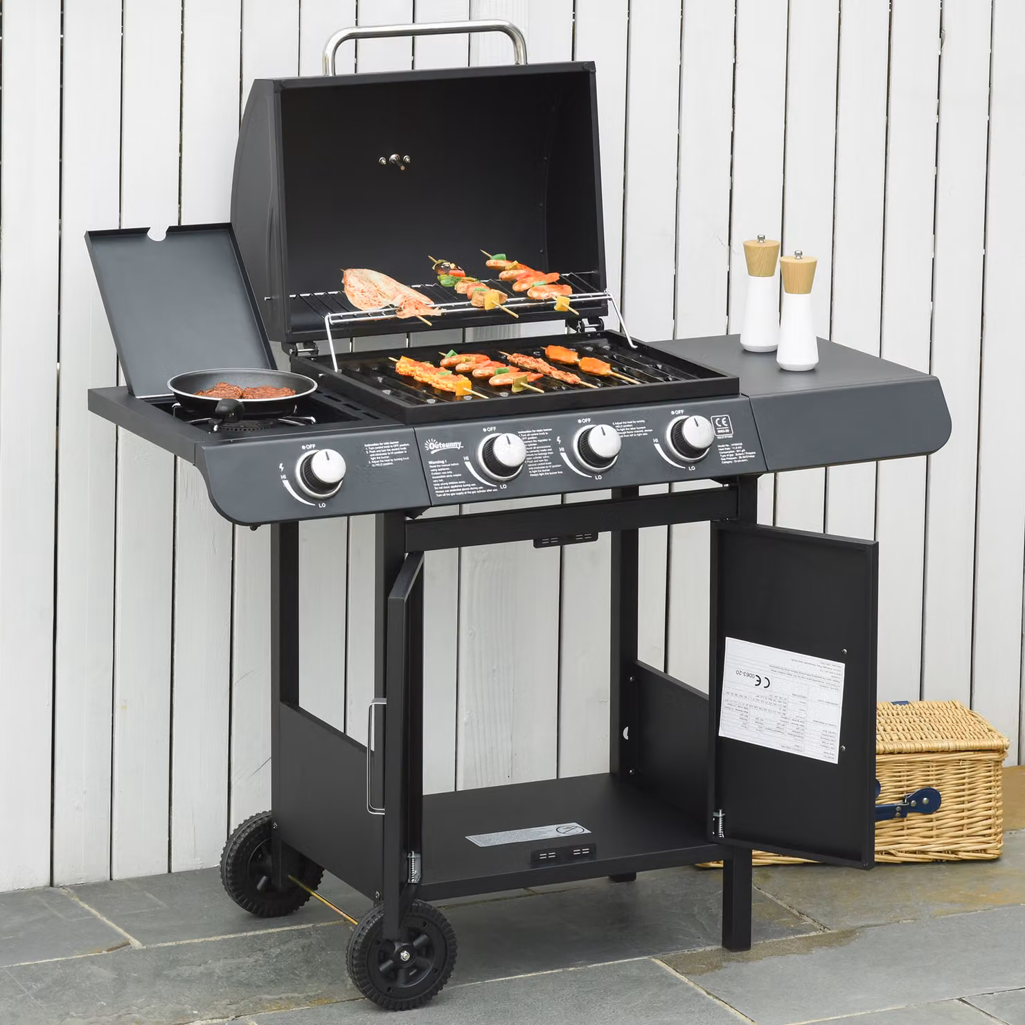 Outsunny Gas BBQ Grill with 3+1 Burners, Side Burner, Warming Rack and Side Shelves, Black, W/D/H: 110 x 50 x 100 cm – 2