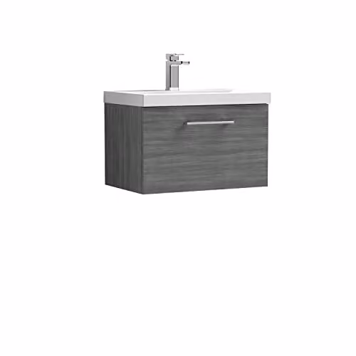 Balterley Wall Hung Single Drawer Vanity Unit with Thin Edge Basin in Woodgrain Anthracite, W: 61.0 cm, D: 39.0 cm, H: 39.9 cm – 1