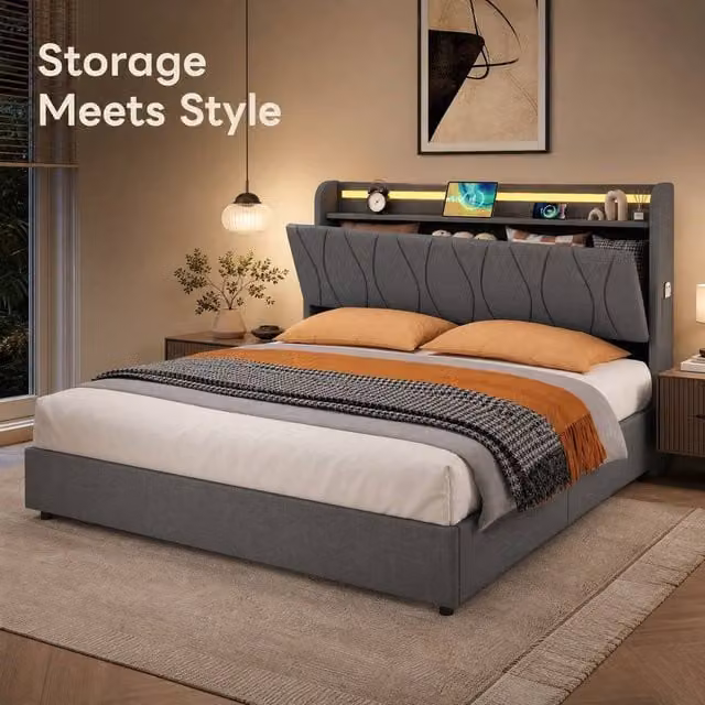 STILVORA King Upholstered Bed Frame in Grey with Hydraulic Storage, LED Lighting and USB Charging Ports, W/D/H: 180 x 200 cm